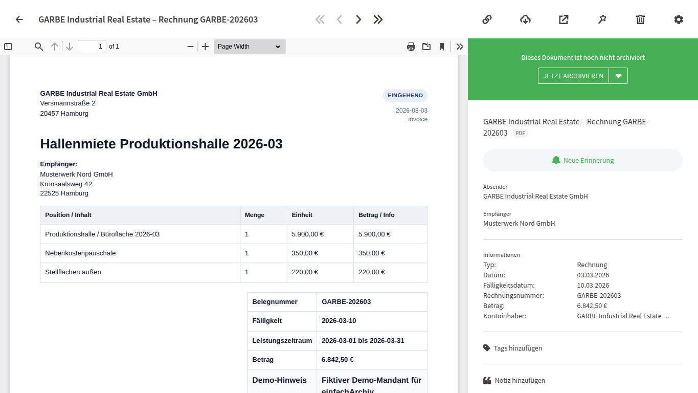 Posteingang mit ausgewaehltem Dokument und Detailansicht zum Archivieren