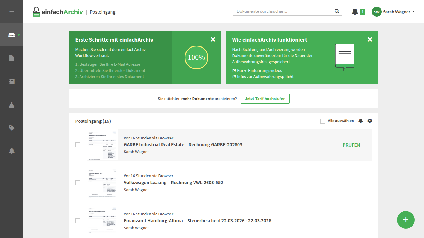 Posteingang mit Uebersicht eingehender Dokumente