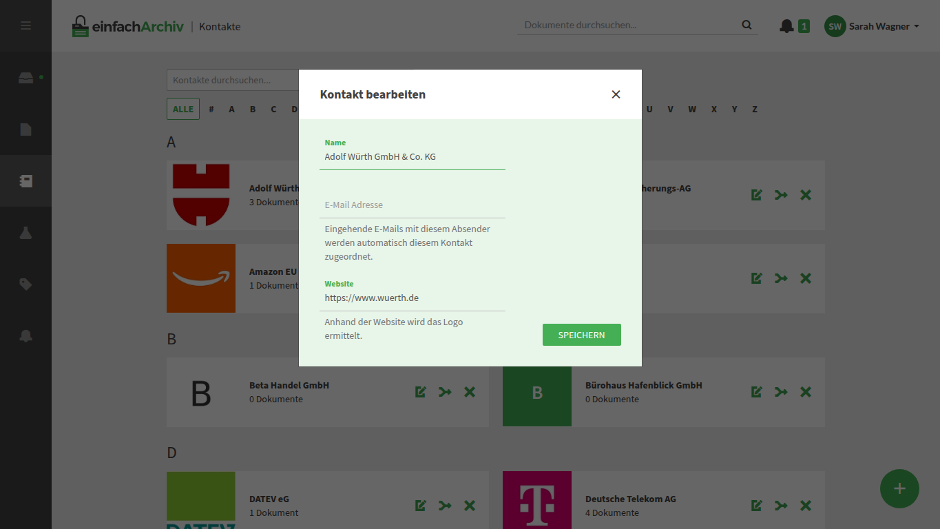 Bearbeitungsansicht eines Kontakts mit Website und E-Mail-Adresse