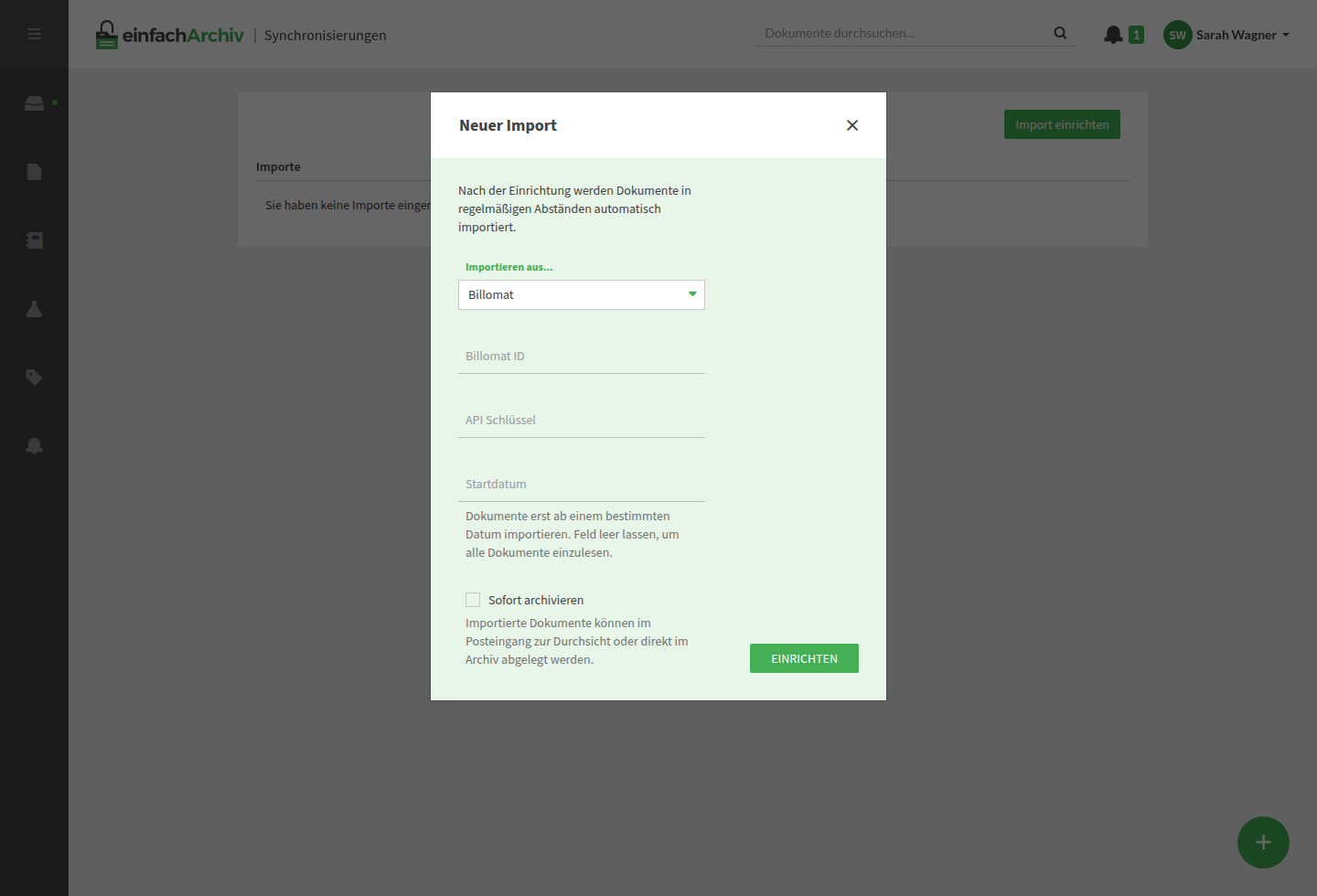 Screenshot der Synchronisierungsübersicht mit Option zum Einrichten eines neuen Imports in einfachArchiv