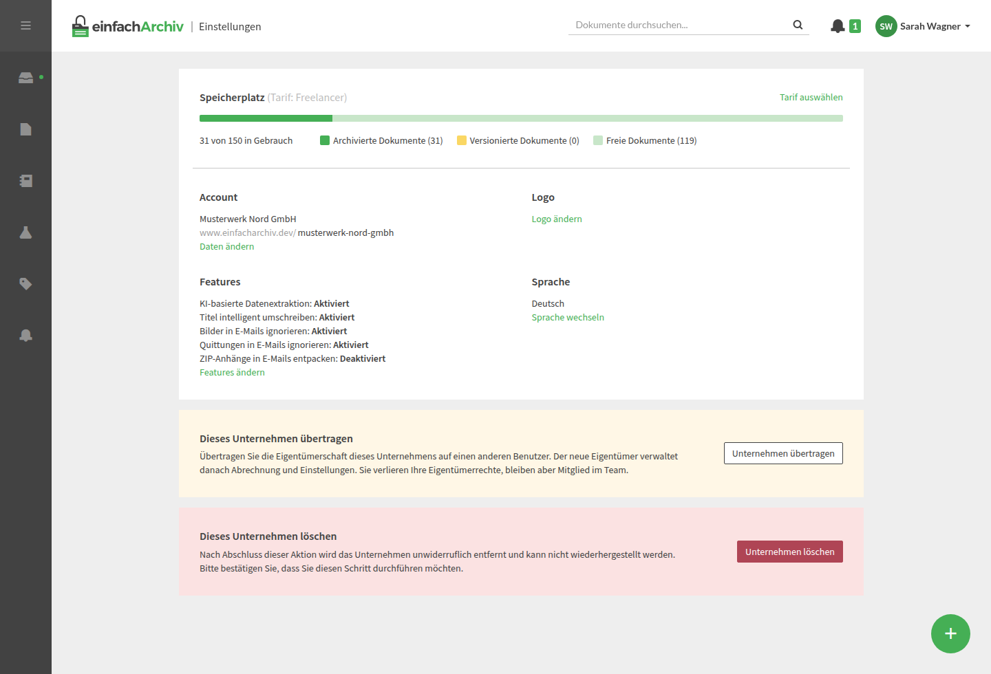 Screenshot der Einstellungsübersicht mit Tarif, Features und Rechnungsdaten in einfachArchiv