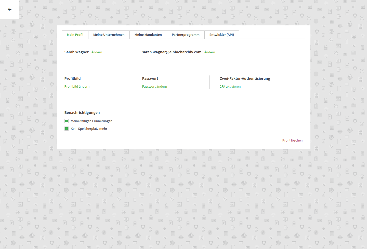Screenshot der Profilübersicht mit persönlichen Daten und Benachrichtigungseinstellungen in einfachArchiv