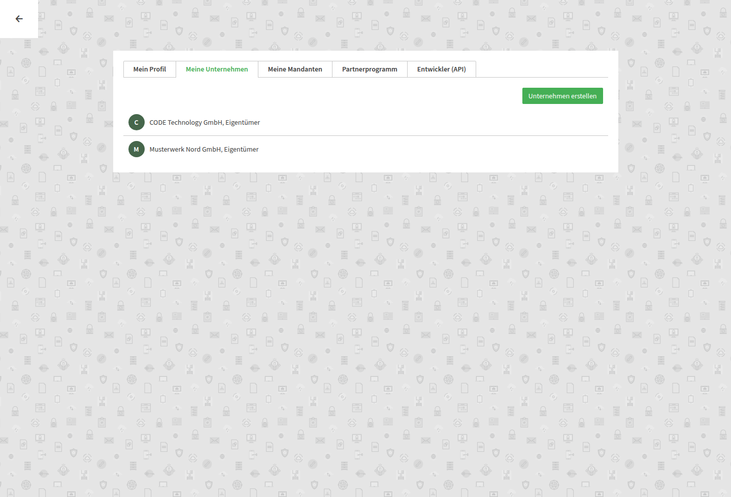 Screenshot der Unternehmensübersicht mit Rollen und Wechseloptionen in einfachArchiv