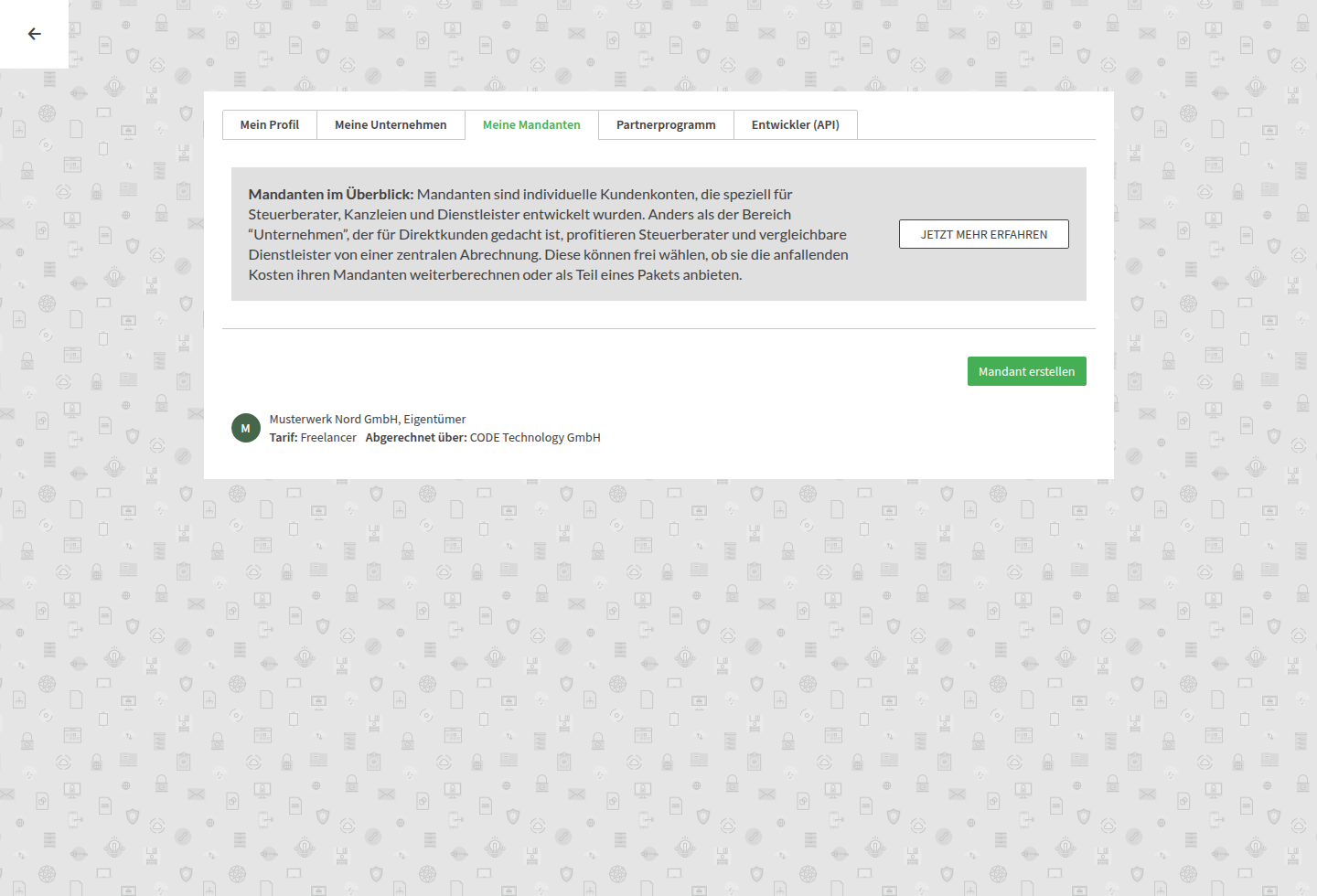 Screenshot der Mandantenübersicht mit Tarif- und Verwaltungsinformationen in einfachArchiv