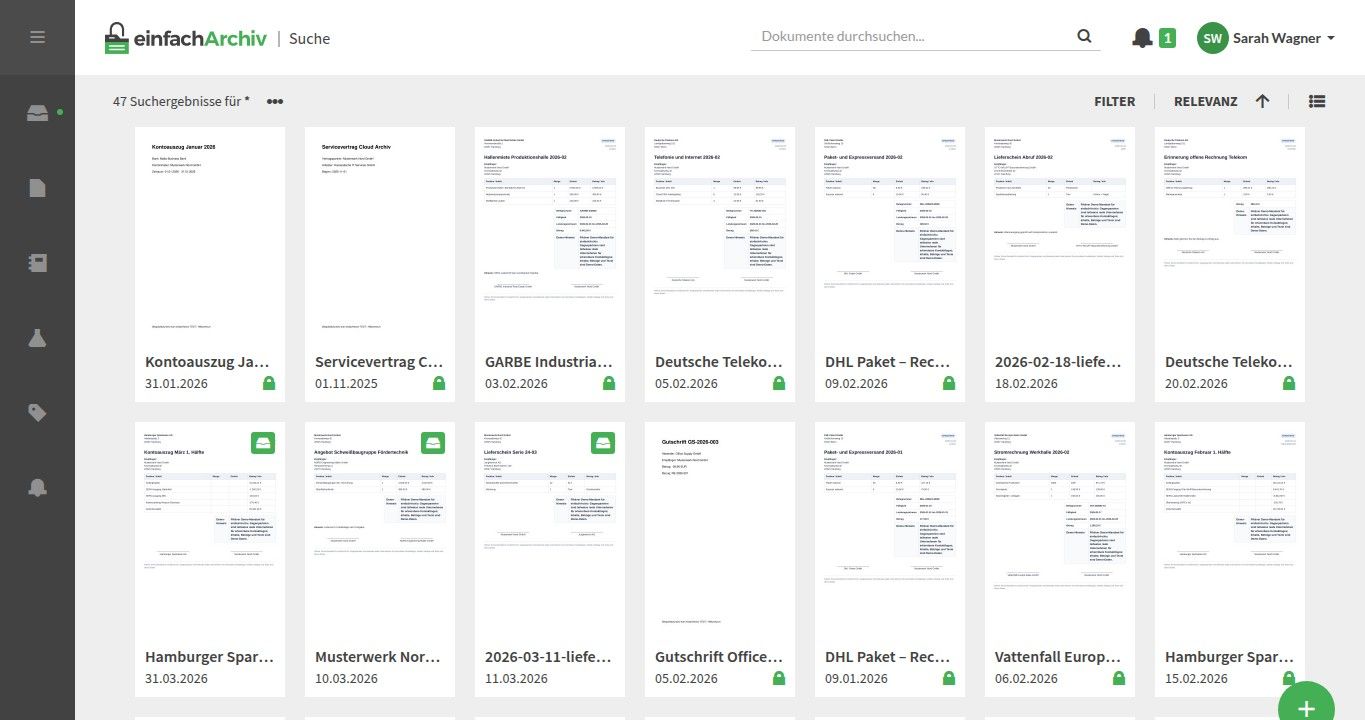 Screenshot der Suchergebnisse mit Filterleiste und Trefferliste in einfachArchiv