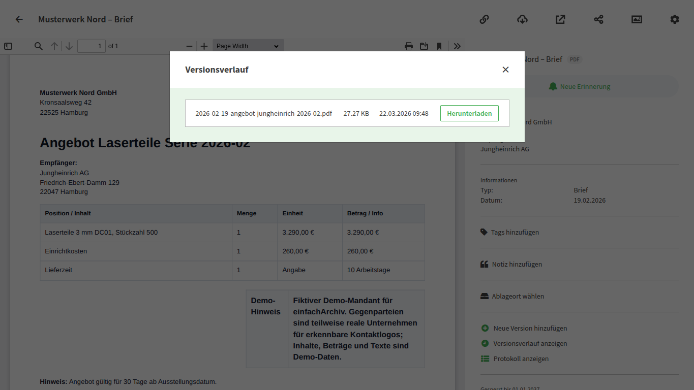 Dokumentdetails mit Bereichen fuer neue Version und Versionsverlauf