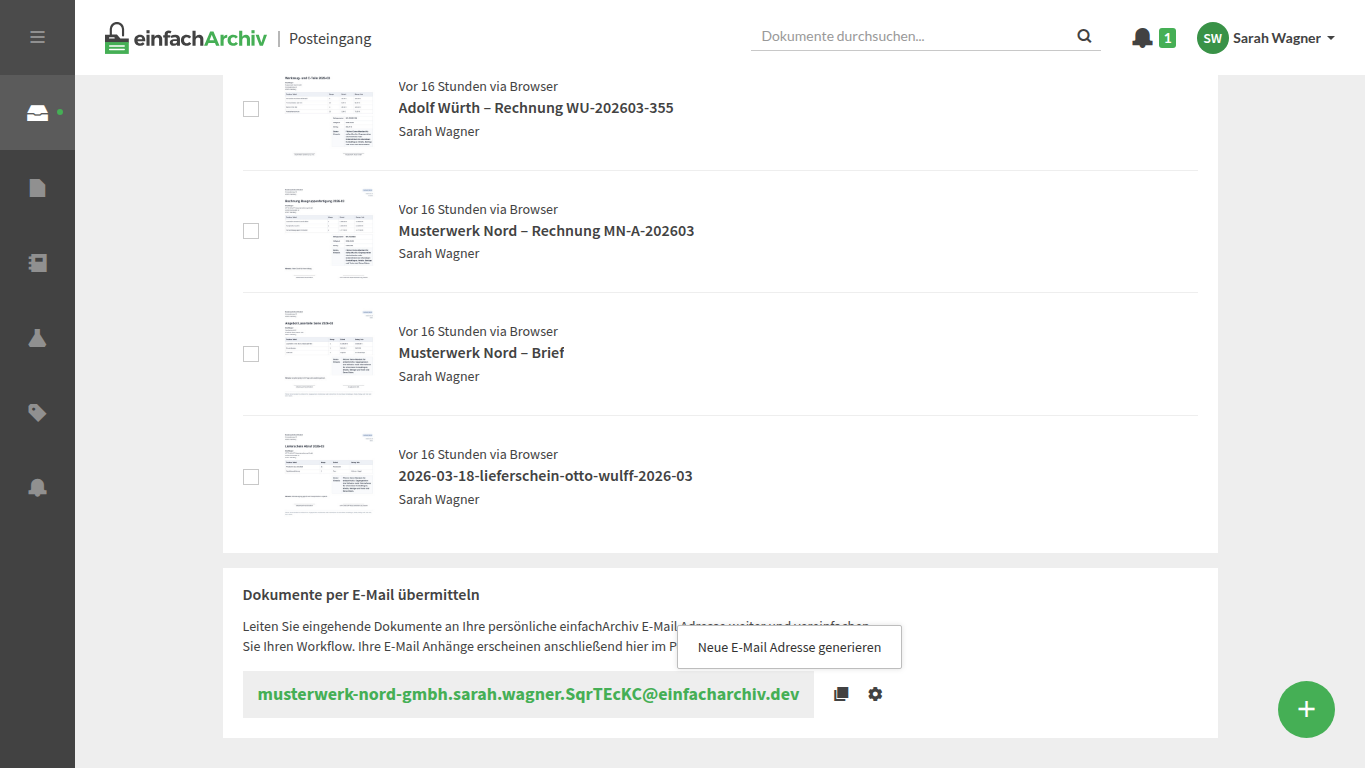 Menue zum Anfordern einer neuen persoenlichen E-Mail-Adresse